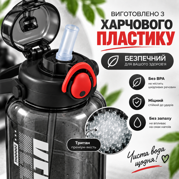 Пластикова спортивна пляшка 2000 мл Keepon з герметичною кришкою та зручною ручкою широким горлом та соломинкою Чорна | Зображення 2