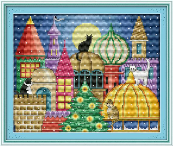 Набір для вишивання хрестиком за нанесеною на канву схемою "The cat city". AIDA 14CT printed, 30*25 см