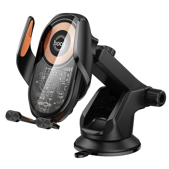 Автотримач HOCO HW34+ Wireless Charging 15W, кріплення на присосці, затискач 50-90мм, Black, Box | Зображення 1