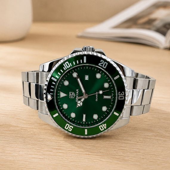 Чоловічий годинник Benyar BY-5223 Silver-Green зі сталевим браслетом та зеленим циферблатом | Зображення 1
