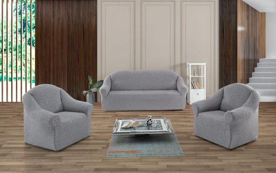 Жакардовий чохол на диван + 2 крісла Stone без спідниці світло-сірий