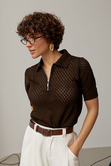 В'язане ажурне поло в ромби - темно-коричневий цвет, ONE SIZE (є розміри)