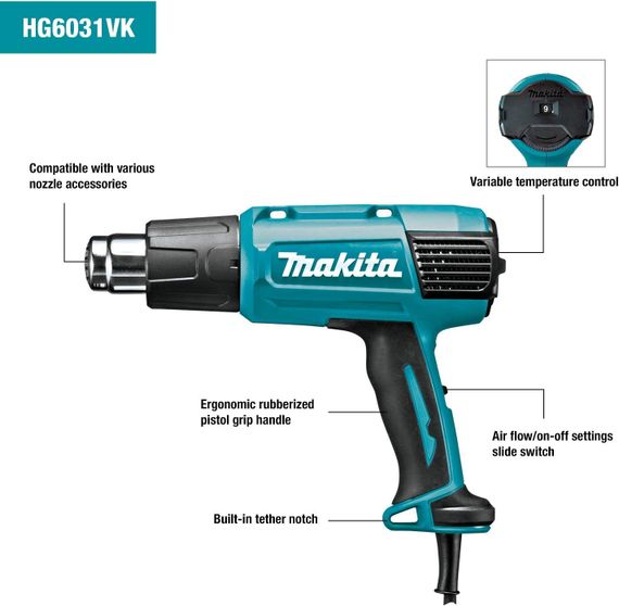 Фен технічний Makita HG6031VK (1800 Вт, 50-600 ºC, 250-500 л/хв) | Зображення 3