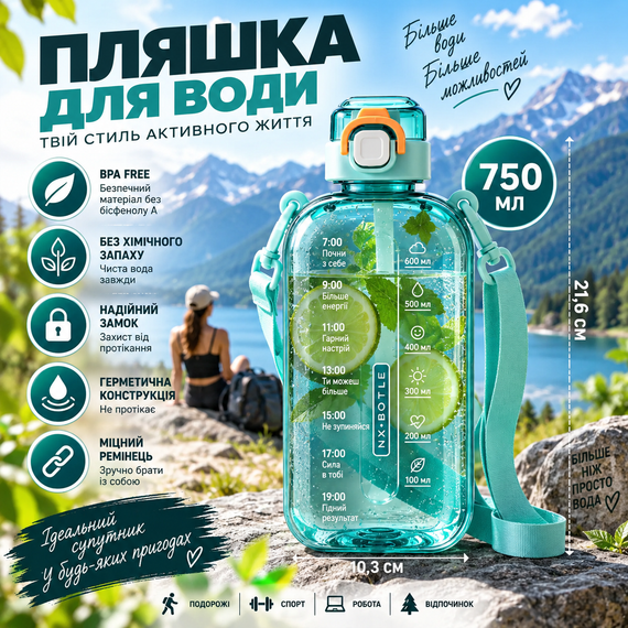 Спортивна пляшка для води SPORT 750 мл з ремінцем — багаторазова BPA-free пластикова пляшка з герметичною кришкою, бірюзова | Зображення 5