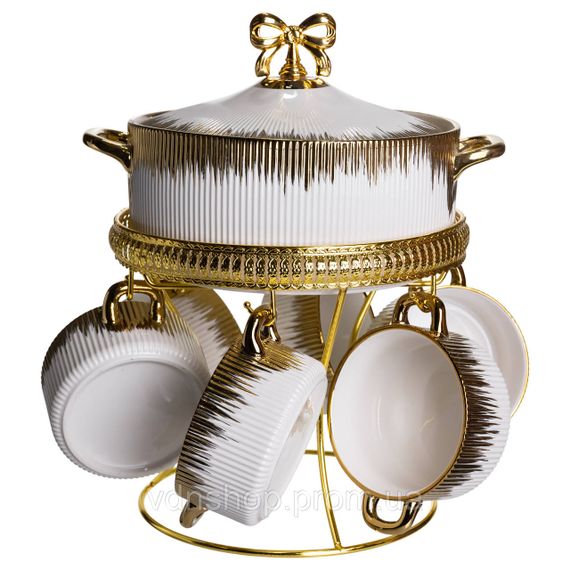 Суповой сервиз на 6 персон супница 2 (л) на подставке с бульонницами 400 (мл) тарелки для супа Белый с золотом FM-A23-2 | Зображення 2