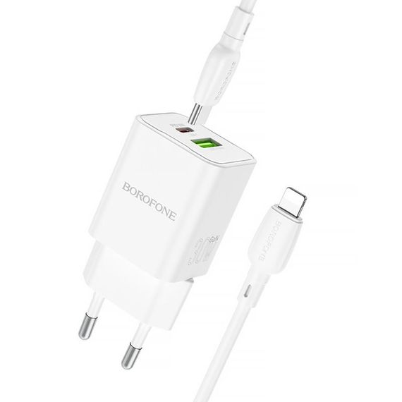 МЗП Borofone BN14 Royal PD30W+QC3.0 (1USB-A/1C) + кабель Type-C to Lightning White | Зображення 1