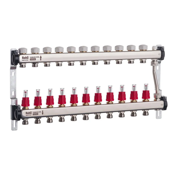 Коллектор с расходомерами и термостатическими клапанами с байпасом Roho R814-11 - 1"х 11-ти вых. (RO0054)