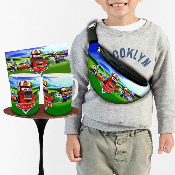 Набір: дитяча сумка-бананка+кружка Тачки Блискавка Маквін 32х15см, бананка для хлопчика через плече на подарунок (00979)