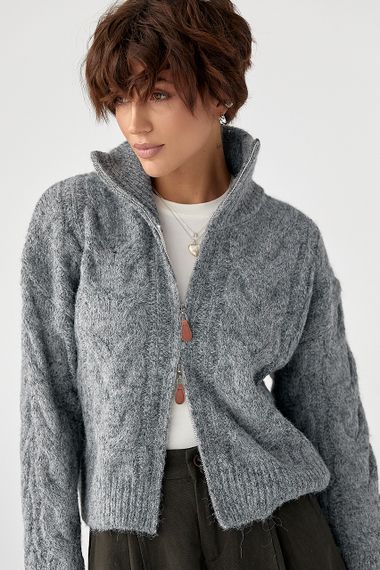 Теплий кардиган в косички на блискавці - сірий цвет, ONE SIZE (є розміри)