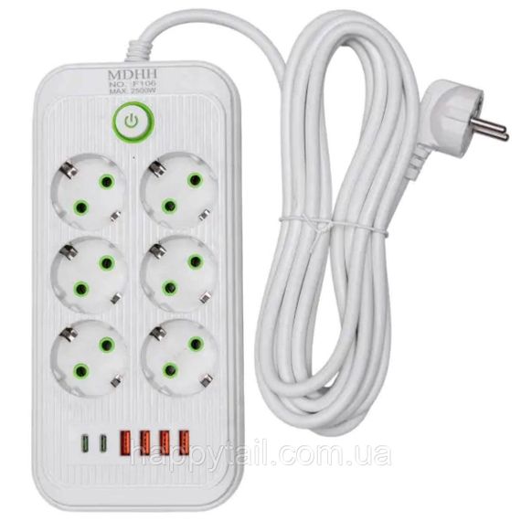 Мережевий фільтр-подовжувач 6 розеток 4xUSB-A 2xUSB-C 5м білий  HP-5-53 | Зображення 1