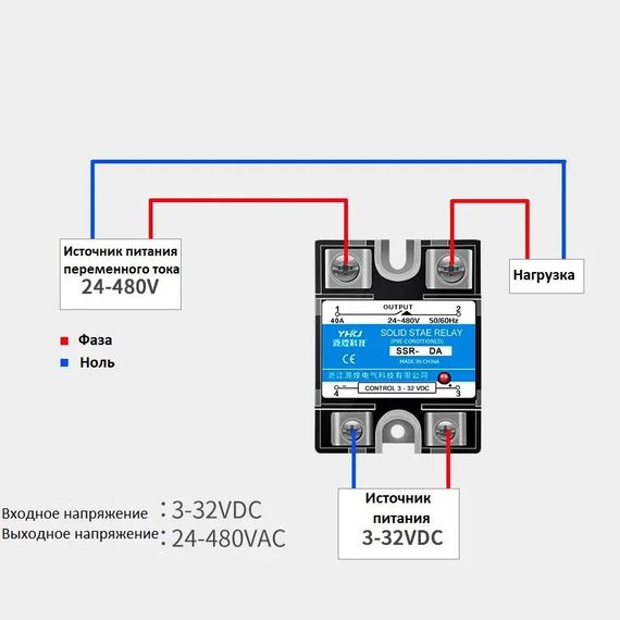Твердотельное реле SSR-10DA однофазное 3-32VDC (20mA) / 24-480VAC (10A), YHKJ | Зображення 1