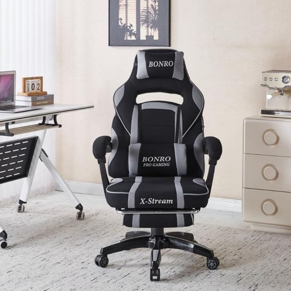 Крісло геймерське з тканини Bonro Бонро B-141 сіре з підставкою для ніг (42401110) | Зображення 2