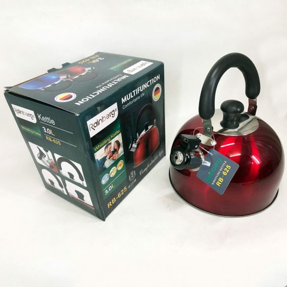 Чайник Rainberg RB-625 із нержавіючої сталі зі свистком 3л. SM-406 Колір: червоний | Зображення 1