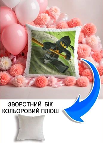 Подушка плюшева Мерч Крафт Дизайн з принтом Ninjago 4 сірий плюш квадратна 33х33 см