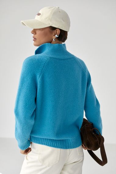 Жіночий светр на блискавці з широким коміром-поло - блакитний цвет, ONE SIZE (є розміри) | Зображення 1