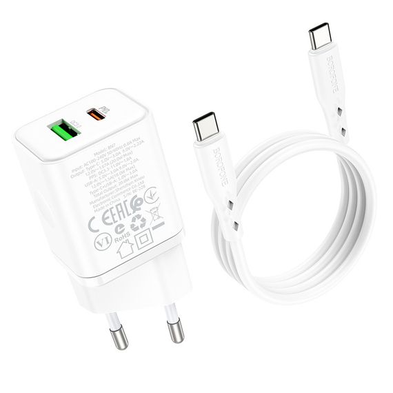 СЗУ Borofone BN7 PD20W+QC3.0 (1USB-A/1C) + кабель Type-C to Type-C White | Зображення 6