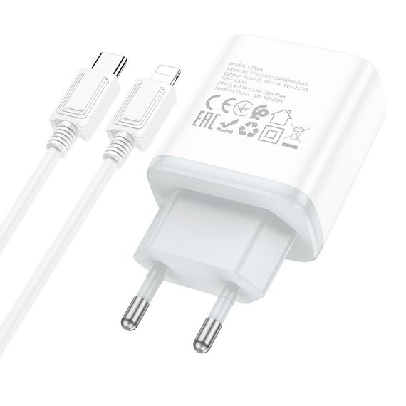 Набір СЗУ 110-240V HOCO C104A + кабель Lighting, 1xUSB-C, PD20W, кабель 1м | Зображення 5