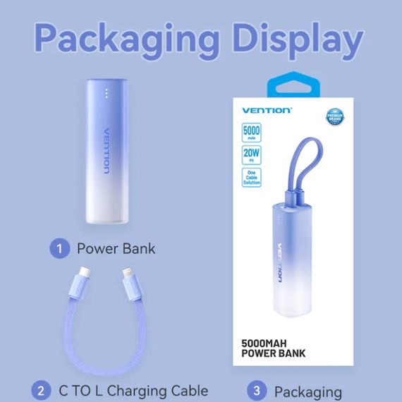 УМБ Vention 5000mAh 20W PD, USB-C In/Out, Lightning In/Out, with cable, Gradient Blue | Зображення 6