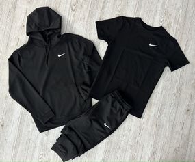 Комплект 3 в 1 Демісезонний спортивний костюм Nike чорний худі + чорні штани (двонитка) + Футболка чорна Nike