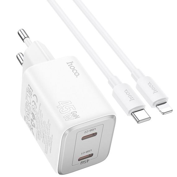 МЗП Hoco N42 Elogiado PD45W (2USB-C) + кабель Type-C to Lightning White | Зображення 1