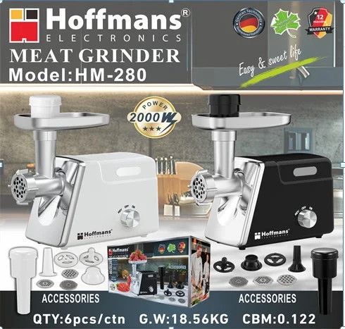 Електрична м’ясорубка Hoffmans HM-280 2000 Вт • Шнекова м’ясорубка з реверсом, 3 решітками та насадкою для ковбас | Зображення 5