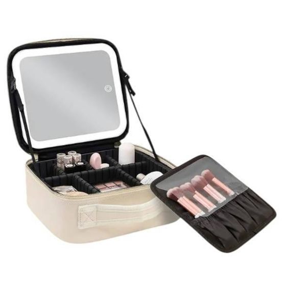 Косметичка-органайзер кожаная с зеркалом LED подсветка Белая
