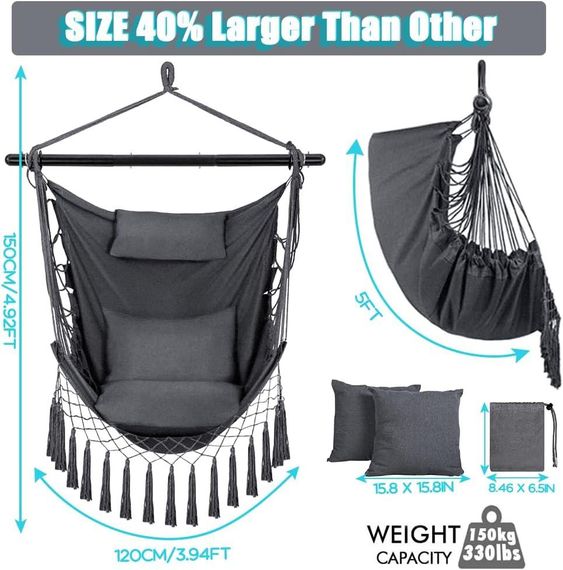 Подвесное кресло качеля с 2 подушками до 150 кг для помещения улицы, комнаты, террасы, сада, серый поли-хлопок | Зображення 3