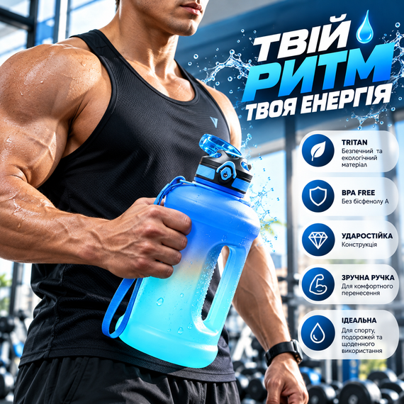 Эко-бутылка KANGZYUAN 2500 мл - Голубая Tritan BPA-free, ударопрочная спортивная бутылка с ручкой и ремешком | Зображення 8