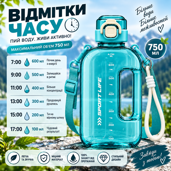 Спортивна пляшка для води ST-YIBEN 750 мл з ремінцем — багаторазова з еко-пластику BPA-free, герметична кришка, бірюзова | Зображення 1