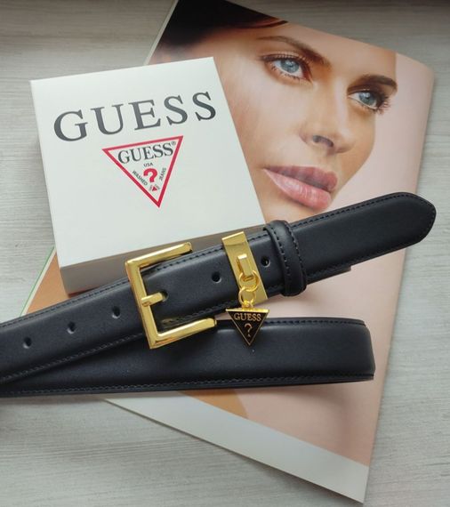 Жіночий шкіряний чорний ремінь Guess пряжка золото