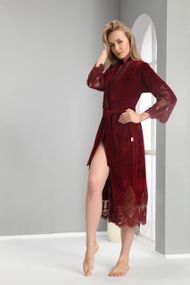 Женский халат Nusa 0383 длинный, велюровый с кружевом, бордовый 2XL