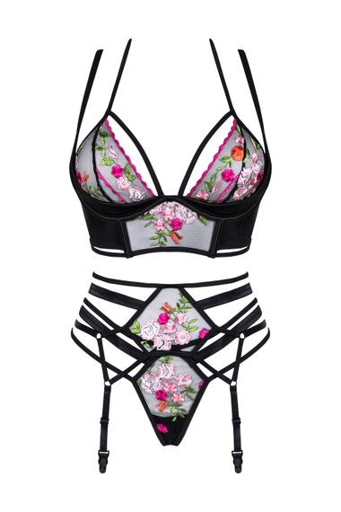 Комплект с поясом Beauty Night JOANNA SET bra, garter belt, thong Черный с цветами S/M | Зображення 5