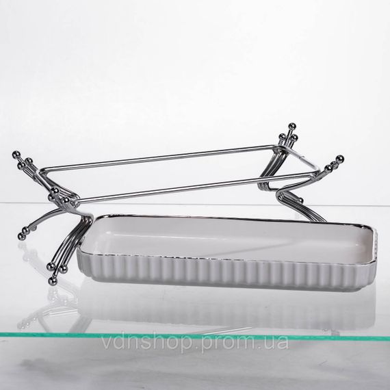 Порцелянове блюдо для сервірування на металевій підставці 37×18×5 (см) блюдо для подачі закусок Білий зі сріблом LB-1566S | Зображення 3