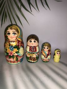 Сувенир, матрешка," Колоски с цветами", четверка, ручная работа, береза ,высота 12 см.