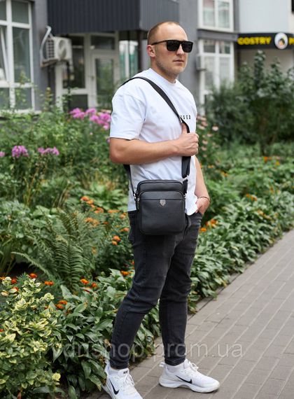 Чоловіча шкіряна сумка-барсетка 24х20х8, компактна сумочка на плече для чоловіка, наплічний месенджер, чорна | Зображення 4