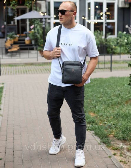 Мужская кожаная сумка-барсетка 24х20х8, компактная сумочка на плечо для мужчины, плечевой мессенджер, черная | Зображення 3