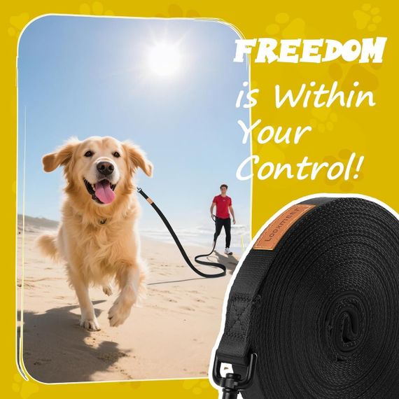 Довгий повідець для собак 20 м нейлоновий, міцна шлейка з металевим карабіном для дресирування та прогулянок, чорний | Зображення 8