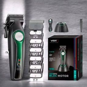 Машинка для стрижки волосся акумуляторна з дисплеєм та підставкою +насадки 4VGR V-010 Чорна із зеленим