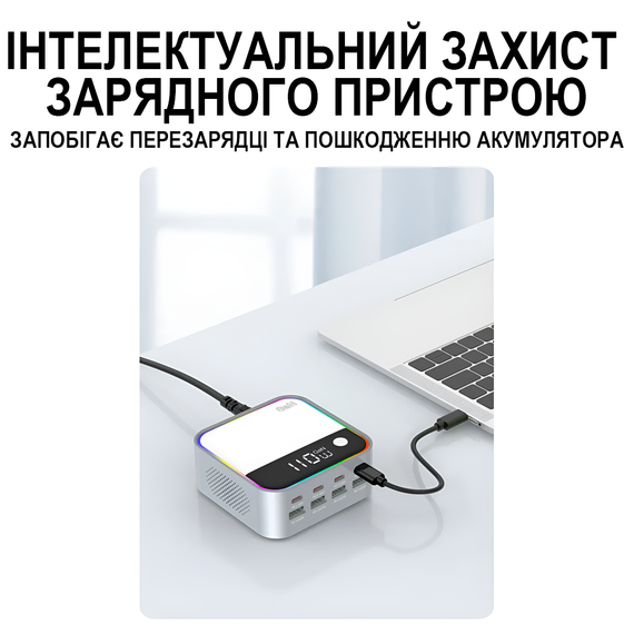 8в1 Многопортовое зарядное устройство Addap MCS-M8, док-станция для зарядки на 4 порта Type-C PD + 4 USB-A, с цветной RGB подсветкой, GaN 120W | Зображення 5
