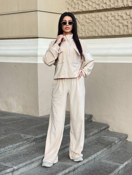 Женский велюровый спортивный костюм с штанами палаццо JA0282 цвет бежевый, размер 42/44