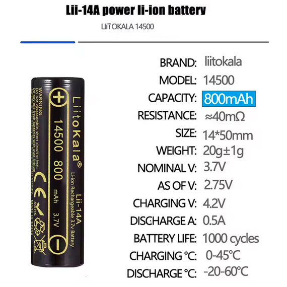 Акумулятор 14500, LiitoKala Lii-14A, 800 мАг, оригінал, LiitoKala Lii-14A, 800mah | Зображення 2