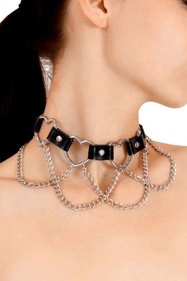 Чокер кожаный с сердцами и цепочками Art of Sex Freya Черный One Size