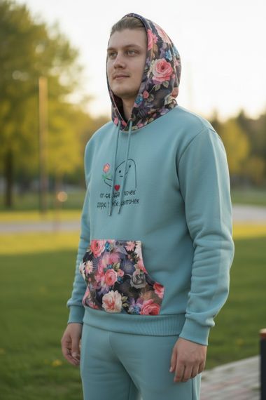 Худі чоловічий блакитний квіти теплий зимовий толстовка з капюшоном футер тринитка з начосом 68