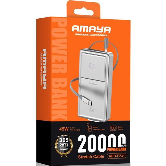 Портативний ЗП Power Bank Amaya APB-F231 45W with display and cable 20000 mAh Silver | Зображення 1