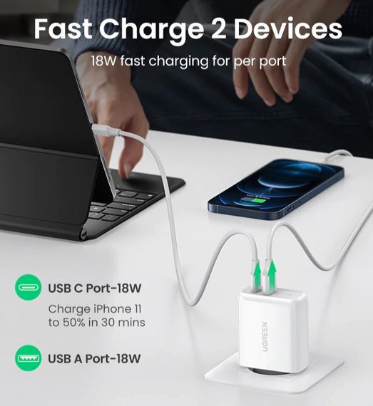 Адаптер питания для телефона Ugreen CD170 White USB+USB Type-C Wall Charger 36W 3A | Зображення 1