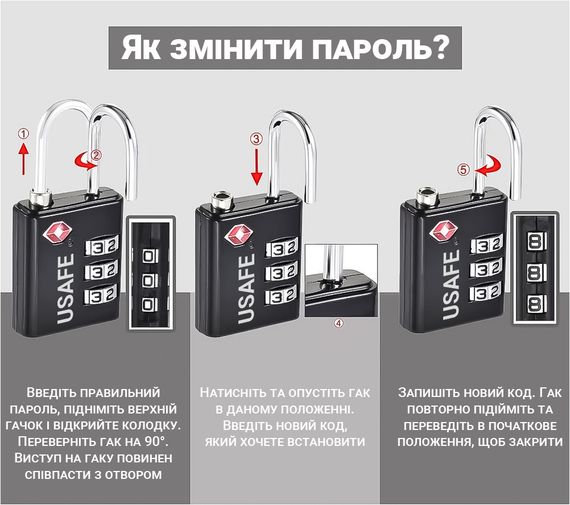 Замок навісний з 3-значним механічним кодом для багажу USafe CP-03-TSA, металева колодка з комбінацією та TSA доступом | Зображення 6