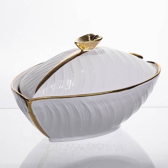Супниця 800 (мл) порцелянова 32×21×16 (см) з кришкою Біла з золотом XL-4054AG | Зображення 3