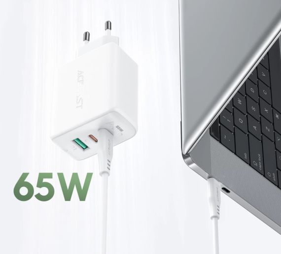 Сетевое зарядное устройство Acefast A13 Fast Charger PD 65W 2×Type-C / 1×USB с кабелем Type-C to Type-C - White | Зображення 2
