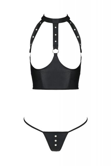 Комплект з еко-шкіри з відкритими грудьми S/M black GENEVIA SET WITH OPEN BRA- Passion | Зображення 2