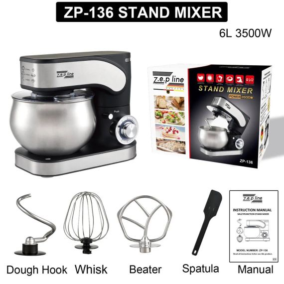 Кухонний тістоміс міксер 4в1 3500 Вт на 6 літрів Zepline з нержавіючої сталі ZP-136 | Зображення 3